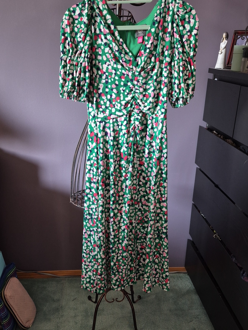 Green Printed Midi Dress with Puff Sleeves
